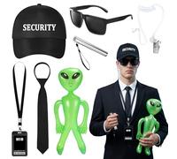 Kyndara 7Pcs Agent Costume Accessory Set, Secret Security Guard Outfit Kit with Hat Sunglasses Headphones Ties ID Card Inflatable Green Aliens for Men Halloween MIB Cosplay Theme Party