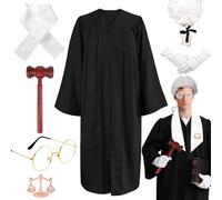 Kyndara 7Pcs Judge Costume Set for Adults, Court Lawyer Fancy Dress Outfit Kit with Wig Robe Glasses Gloves Gavel Collar Brooch for Courtroom Cosplay Makeup Theme Party Halloween