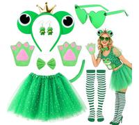 Kyndara 8pcs Frog Costume Set for Women, Frog Fancy Dress Kit with Sparkly Tutu Skirt Headband Bow Tie Tail Gloves Glasses Earrings Socks for World Book Day Halloween Themed Parties Cosplay
