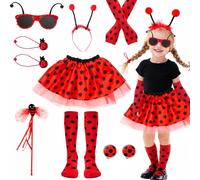 Kyndara 9Pcs Ladybird Costume for Kids, Complete Ladybug Dress Up Set with Tutu Skirt Headband Wand Hairbands Stocking Sunglasses Arm Sleeves Ear Clips for Girls World Book Day Carnival Halloween