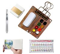 kyno Tobios Mini Watercolour Paint Set, 15 Grids Travel Kit with Foldable Wooden Palette, Sketchbook, Brush, 5 Pieces(Walnut-8 Grids)