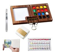 kyno Tobios Mini Watercolour Paint Set, 15 Grids Travel Kit with Foldable Wooden Palette, Sketchbook, Brush, 5 Pieces (Walnut-15 Grids)