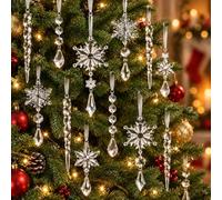 Kynoz 20 Pcs Crystal Christmas Tree Decorations, Snowflake and Icicle Set | Clear Acrylic with Silver Ribbons for Easy Hanging on Wreaths, Windows and Chandeliers to Catch Festive Lights