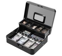 KYODOLED Metal Cash Box with Combination Lock & Spring-Loaded Bill Clips, 5-Compartment Cantilever Coin Tray, Portable Safe for Yard Sales/Craft Fairs/Small Businesses, 11.81”x9.45”x3.54”, Black