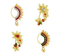 KYOOT JEWELS Medium Size Traditional Maharashtrian Banu Nath Nose Stud without piercing Pearl Gold Plated Nath Combo Clip On Nose Ring For Women, Medium, Pearl