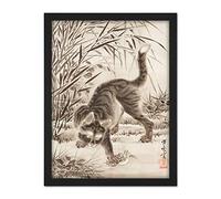 Kyosai Cat Catching Frog Japanese Painting Artwork Framed Wall Art Print 18X24 Inch