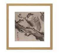 Kyosai Owl Mocked Small Birds Japan Painting 8X8 Inch Square Wooden Framed Wall Art Print Picture with Mount Artery8 Light Oak One Size