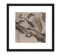 Kyosai Owl Mocked Small Birds Japan Painting 8X8 Inch Square Wooden Framed Wall Art Print Picture with Mount Artery8 Black One Size