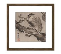Kyosai Owl Mocked Small Birds Japan Painting 8X8 Inch Square Wooden Framed Wall Art Print Picture with Mount Artery8 Brown One Size