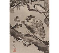 Kyosai Owl Mocked Small Birds Japan Painting Art Print Canvas Premium Wall Decor Poster Mural
