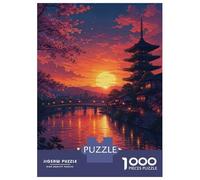 Kyoto Sunset Pagoda River 1000 Piece Jigsaw Puzzle, Historic Square Architecture, Thick Cardboard Pieces for Travel Lovers, Mindful Activity, Paper Board, 38x26cm/1000pcs