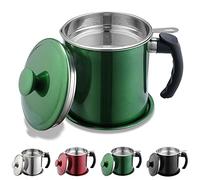 Kyraton Bacon Grease Container with Strainer, 1.4L Metal Green Coating Stainless Steel Oil Container, Pot Fat Storage with Lid, Easy Grip Handle Suitable for Storing Frying Oil and Cooking Grease