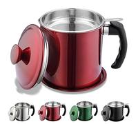 Kyraton Bacon Grease Container with Strainer, 1.4L Metal Shining Red Stainless Steel Oil Container, Pot Fat Storage with Lid, Easy Grip Handle Suitable for Storing Frying Oil and Cooking Grease