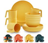 Kyraton Plastic Dinnerware Set of 16 Pieces, Unbreakable and Reusable Light Weight Plates Mugs Bowls Dishes Easy to Carry and Clean Microwave Safe BPA Free Dishwasher Safe Service for 4 (Gold Yellow)