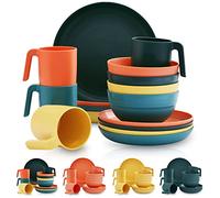 Kyraton Plastic Dinnerware Set of 16 Pieces, Unbreakable and Reusable Light Weight Plates Mugs Bowls Dishes Easy to Carry and Clean Microwave Safe BPA Free Dishwasher Safe Service for 4 (Mutil Color)