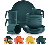 Kyraton Plastic Dinnerware Set of 16 Pieces, Unbreakable and Reusable Light Weight Plates Mugs Bowls Dishes Easy to Carry and Clean Microwave Safe BPA Free Dishwasher Safe Service for 4 (Dark Green)