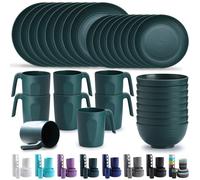 Kyraton Plastic Dinnerware Sets of 32 Pieces Service for 8, Unbreakable and Reusable Light Weight Plates Mugs Bowls Dishes Easy to Carry and Clean Microwave Safe BPA Free Dishwasher Safe