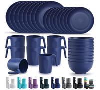 Kyraton Plastic Dinnerware Sets of 32 Pieces Service for 8, Unbreakable and Reusable Light Weight Plates Mugs Bowls Dishes Easy to Carry and Clean Microwave Safe BPA Free Dishwasher Safe