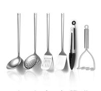 Kyraton Stainless Steel Kitchen Utensils Set 6 Pieces, Cooking Utensil Set Include Metal Spatula Sets, Skimmer, Ladle, Tongs, Potato Masher, Dishwasher Safe