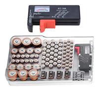 Kyrio Battery Organizer Storage with Removable Battery Tester, Batteries Storage Box with Hinged Clear Cover, Holds 93 Different Size Batteries for AAA, AA, 9V, Flat Batteries, C, D size