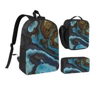 KYSANOL Abstract Liquid Marble Blue Golden,Student Backpack,Lunch Bag,Pencil Case 3 Piece Set