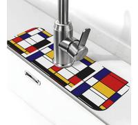 KYSANOL Artistic Mondrian Style Color Composition Red,Kitchen Faucet Suction Pad, Sink Splash Guard Faucet Mat, Drying Mat For Bathroom Counter 38 x 14 cm