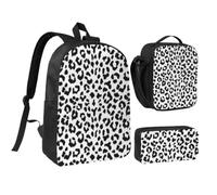 KYSANOL Black And White Leopard Print With Monogram,Student Backpack,Lunch Bag,Pencil Case 3 Piece Set