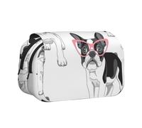 KYSANOL Black Frenchie Cartoon French Bulldog Pink Glasses White Dog Double Clamshell Pen Case Portable Pencil Pouch with Zipper