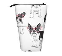 KYSANOL Black Frenchie Cartoon French Bulldog Pink Glasses White Dog,Telescopic Pencil Case,Stand Pencil Holder with Zipper Pencil Pouch Pen Bag