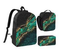 KYSANOL Black Teal Marble Green Malachite With Golden Veins Gold Spots,Student Backpack,Lunch Bag,Pencil Case 3 Piece Set