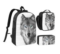 KYSANOL Blue-Eyed Wolf,Student Backpack,Lunch Bag,Pencil Case 3 Piece Set