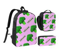KYSANOL Broccoli Vegan Green Pink,Student Backpack,Lunch Bag,Pencil Case 3 Piece Set