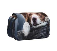 KYSANOL Brown Border Collie Bokeh God with Yellow Eyes Double Clamshell Pen Case Portable Pencil Pouch with Zipper