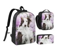 KYSANOL Brown Border Collie Spring Dogs With Flowers,Student Backpack,Lunch Bag,Pencil Case 3 Piece Set