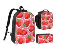 KYSANOL Cartoon Bright Strawberries White,Student Backpack,Lunch Bag,Pencil Case 3 Piece Set