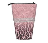 KYSANOL Chic Girly Pink Leopard Animal Print Glitter,Telescopic Pencil Case,Stand Pencil Holder with Zipper Pencil Pouch Pen Bag