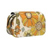 KYSANOL Colorful Retro 70S Flower Double Clamshell Pen Case Portable Pencil Pouch with Zipper