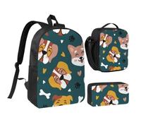 KYSANOL Cute Dogs Bones Puppy Paws Colorful Love Hearts,Student Backpack,Lunch Bag,Pencil Case 3 Piece Set