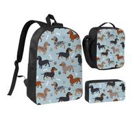 KYSANOL Dachshund Paws And Bones Blue,Student Backpack,Lunch Bag,Pencil Case 3 Piece Set