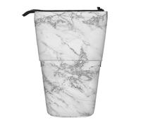 KYSANOL Elegant Chic White Gray Silver Glitter Marble,Telescopic Pencil Case,Stand Pencil Holder with Zipper Pencil Pouch Pen Bag