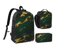 KYSANOL Emerald Deep Green Earth Tones Gold Marble,Student Backpack,Lunch Bag,Pencil Case 3 Piece Set