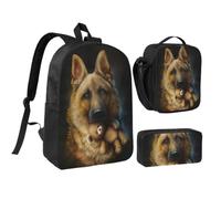 KYSANOL German Shepherd With Cute Toy,Student Backpack,Lunch Bag,Pencil Case 3 Piece Set