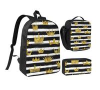 KYSANOL Golden Crown Glitter With Black And White Stripes,Student Backpack,Lunch Bag,Pencil Case 3 Piece Set