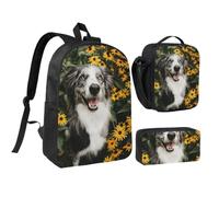 KYSANOL Happy Border Collie Dog Flowers,Student Backpack,Lunch Bag,Pencil Case 3 Piece Set