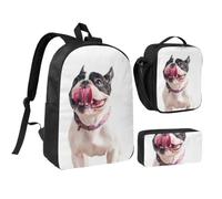 KYSANOL Happy Curious Dog French Bulldog,Student Backpack,Lunch Bag,Pencil Case 3 Piece Set