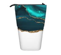 KYSANOL Modern Stylish Teal Gold Agate On White,Telescopic Pencil Case,Stand Pencil Holder with Zipper Pencil Pouch Pen Bag