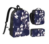 KYSANOL Navy Blue Magnolia Flowers,Student Backpack,Lunch Bag,Pencil Case 3 Piece Set