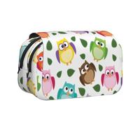 KYSANOL Owl Pattern with Leaves Closed Crossed Eyes Funny Humor Comic Artistic Double Clamshell Pen Case Portable Pencil Pouch with Zipper