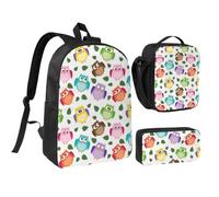 KYSANOL Owl Pattern With Leaves Closed Crossed Eyes Funny Humor Comic Artistic,Student Backpack,Lunch Bag,Pencil Case 3 Piece Set