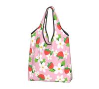 KYSANOL Pink Strawberry With Green Leaves Flower,Shopping Bags Reusable Grocery Bags Foldable Tote Bags Large Capacity Carry Bag